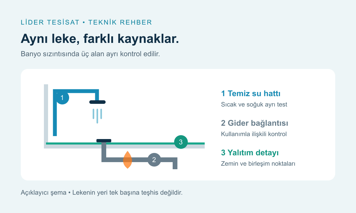 Banyoda temiz su hattı, gider bağlantısı ve zemin yalıtımının ayrı kontrol edildiğini gösteren şema